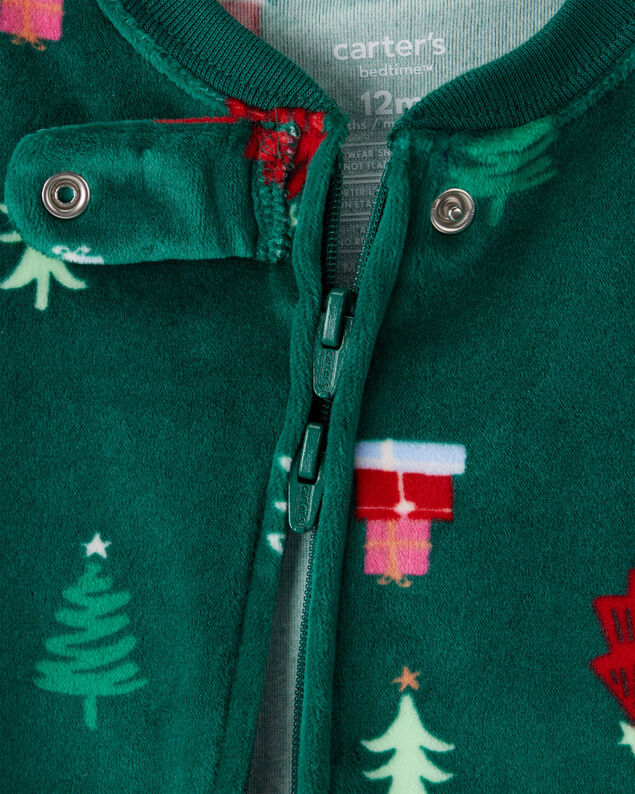 Product image 2 of Baby Christmas Tree Print Velour Long-Sleeve Snug Fit 1-Piece Pajamas - Green