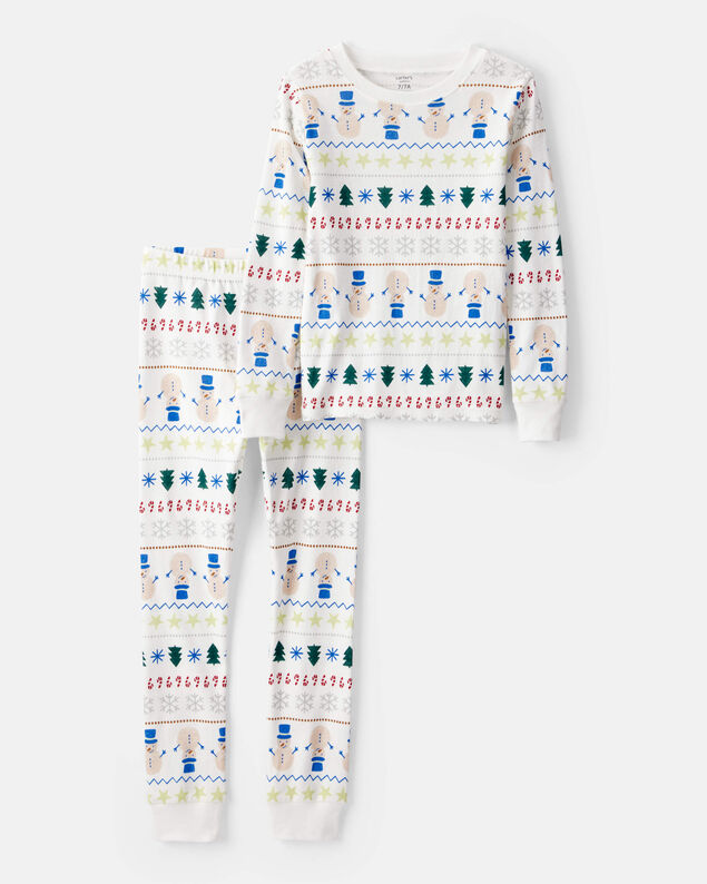 Product image 1 of Kid Snowman Fair Isle 100% Cotton Long-Sleeve Snug Fit 2-Piece Pajamas - White