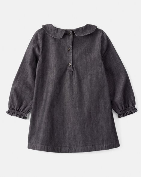 Toddler Girl Floral Motif Chambray Long-Sleeve Dress - Grey