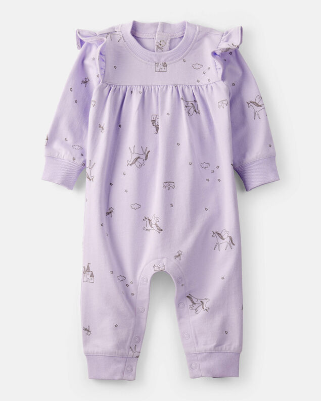 Product image 1 of Baby Girl Unicorn Print Cotton Long-Sleeve Jumpsuit - Purple