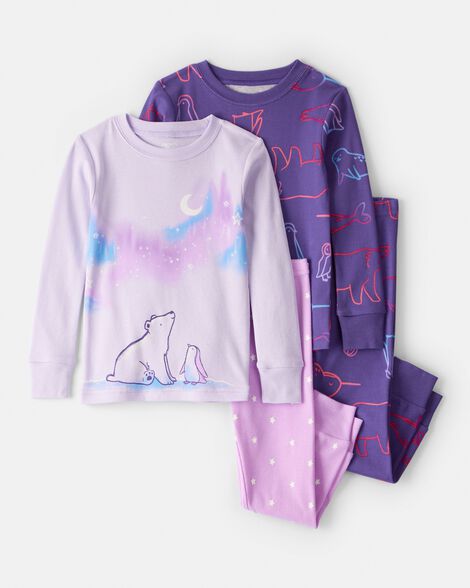 toddler girl polar bear & penguin 100% cotton snug fit 4-piece pajamas - purple