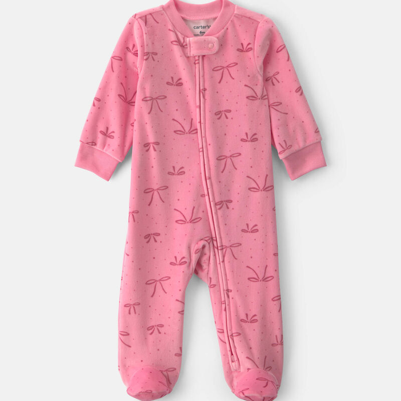 Baby Girl Bow Fleece 2-Way Zip DreamPlush Sleep & Play Pajamas - Pink