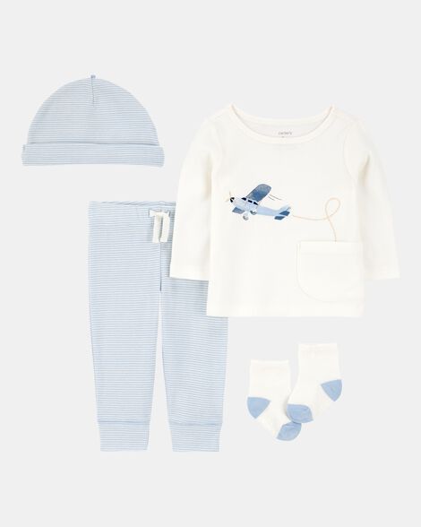 baby 4-piece airplane print outfit set - blue