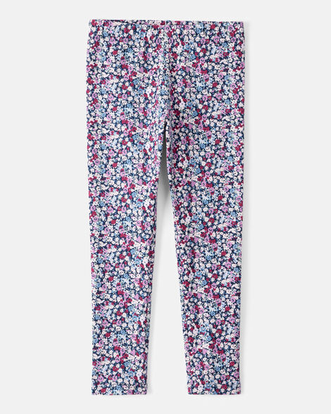 girls floral cotton pull-on stretch leggings - purple