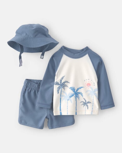 baby boy 3-piece palm tree long-sleeve rashguard swimsuit set - blue/white
