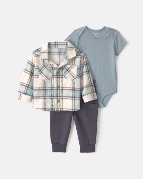 baby boy 3-piece plaid fleece layering set - green