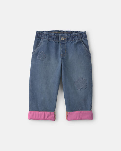 toddler girl acid wash denim baggy flower jeans - blue/pink