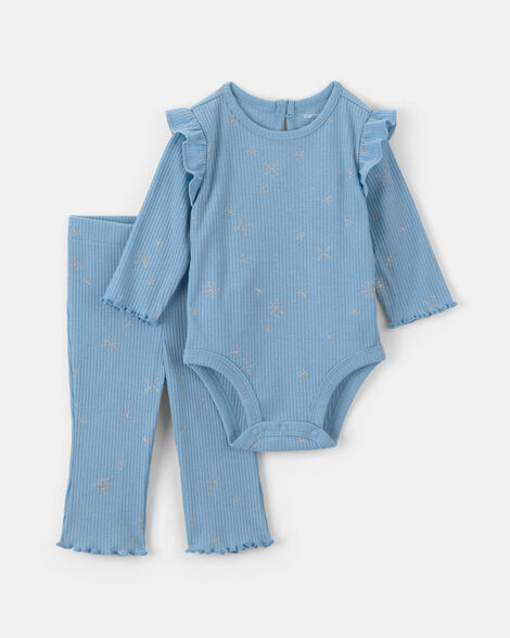 baby girl 2-piece snowflake fair isle long-sleeve bodysuit & pant set - blue