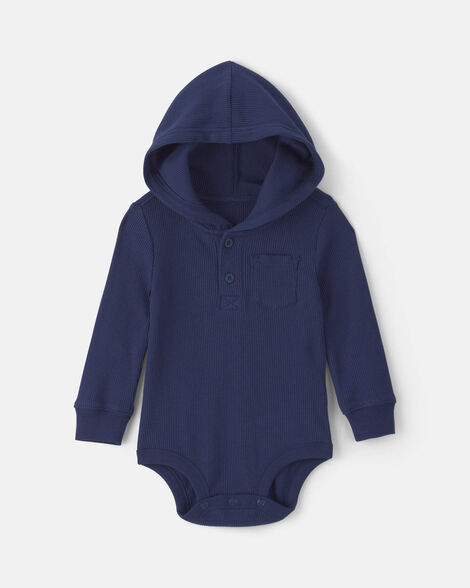 Baby Boy Thermal Long-Sleeve Hooded Bodysuit - Navy Blue