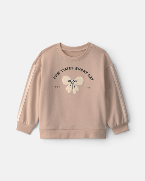 toddler girl 'fun times every day' bow french terry pullover sweatshirt - tan