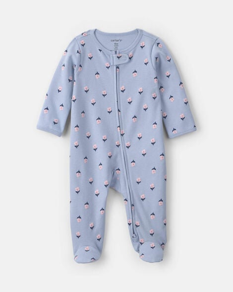 baby girl 2-way zip flower & butterfly cotton sleep & play pajamas - blue