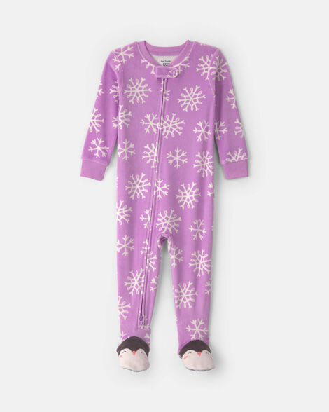 baby girl 1-piece penguin 2-way zip dreamplush snug fit footed pajama - purple