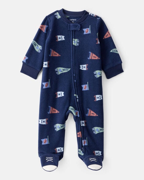 baby boy sports print loose fit long-sleeve sleep & play pajamas - navy blue