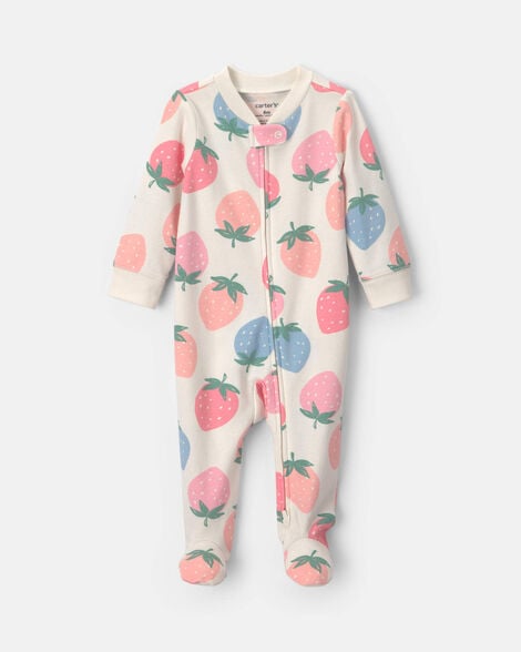 baby girl 2-way zip strawberry cotton sleep & play pajamas - cream/blue/coral