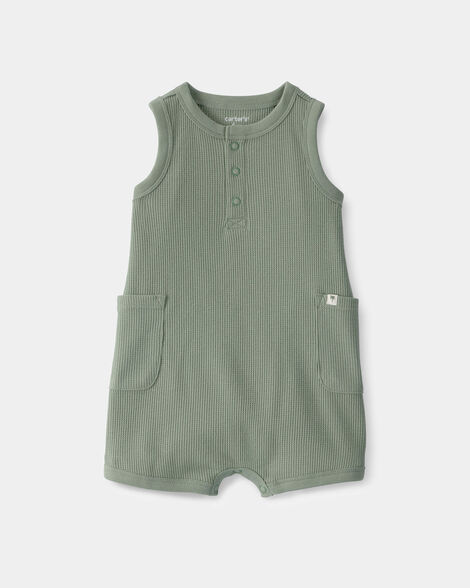 baby boy waffle-knit sleeveless romper - green