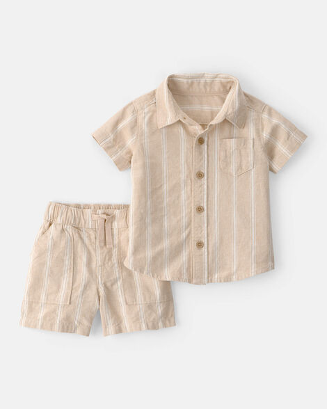 baby boy 2-piece stripe collared shirt & short set - khaki