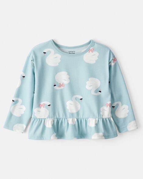 toddler girl swan print long-sleeve peplum top - blue