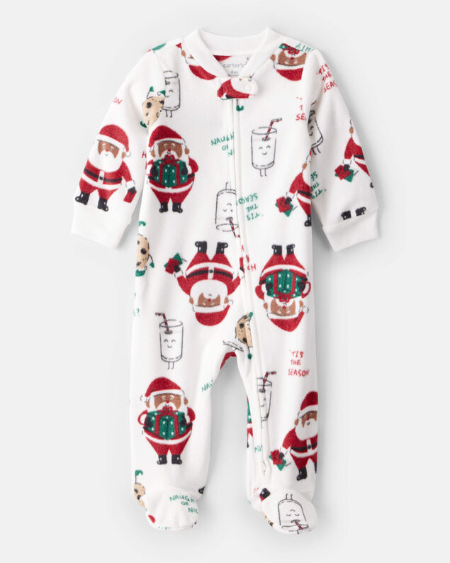 Product image 1 of Baby Santa Print Loose Fit Fleece Long-Sleeve Sleep & Play Pajamas - White
