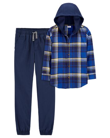 Kid 2-Piece Button-Front Hoodie & Pull-On Poplin Pants