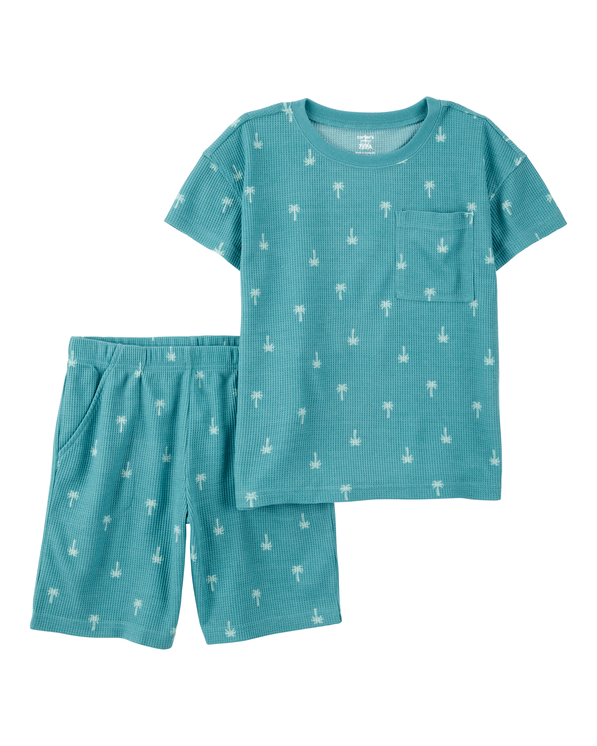 Boys Palm Tree Print Loose Fit Waffle Knit 2-Piece Pajamas - Turquoise