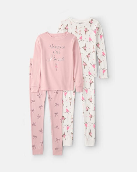 girls 'always on pointe' ballerina 100% cotton 4-piece pajama set - pink/white
