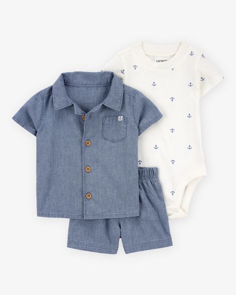  Product image 1 of Baby 3-Piece Chambray Anchor Outfit Set - Blue