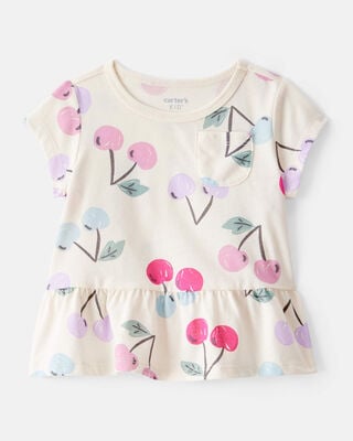 Product image 1 of Baby Girl Cherry Print Short-Sleeve Peplum Top - White