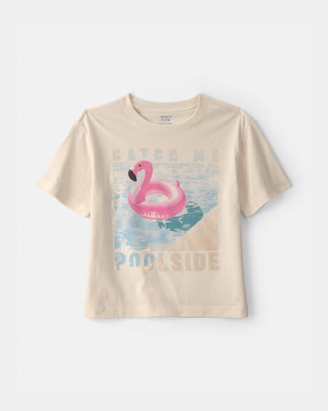 girls 'catch me poolside' flamingo oversized graphic tee - cream