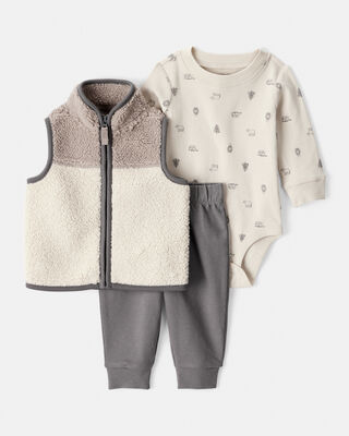 Baby Boy 3-Piece Construction Striped Print Hooded Zip-Up Jacket, Bodysuit & Pant Set - Green