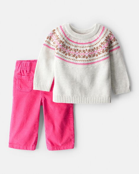 baby girl 2-piece fair isle sweater & pant set - pink