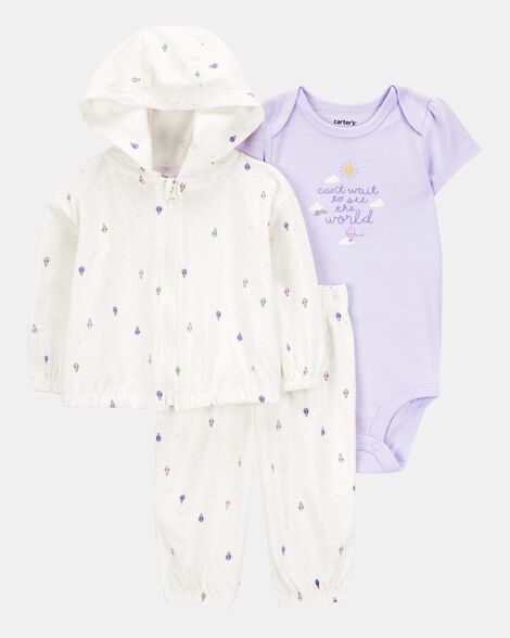 baby girl 3-piece hot air balloon print little cardigan set - white/purple