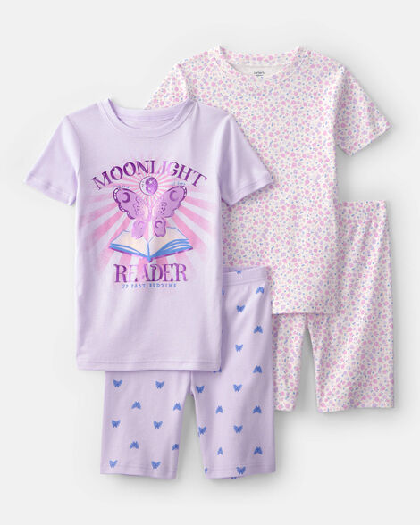 girls butterfly floral 100% cotton short-sleeve snug fit 4-piece pajama set - purple