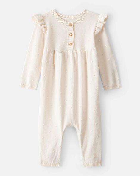 baby girl cotton long-sleeve jumpsuit - ivory