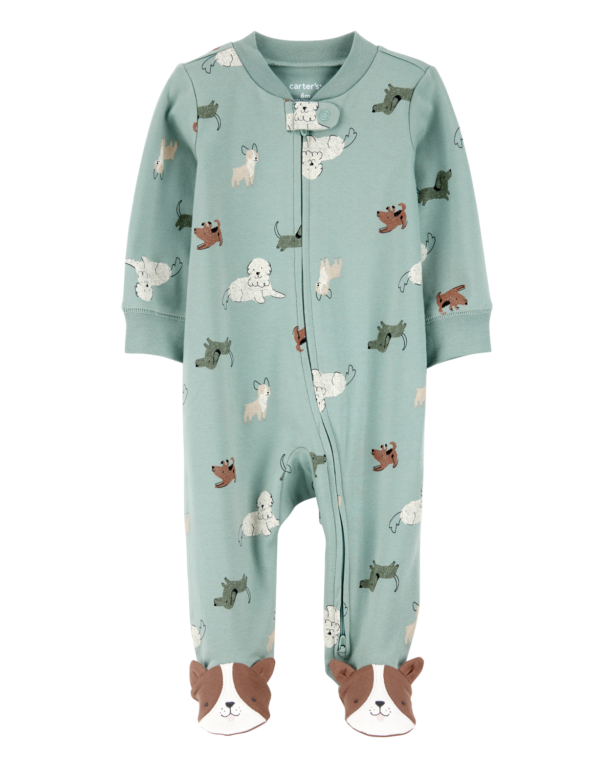 Baby Dog Print 2-Way Zip Cotton Sleep & Play Pajamas - Green