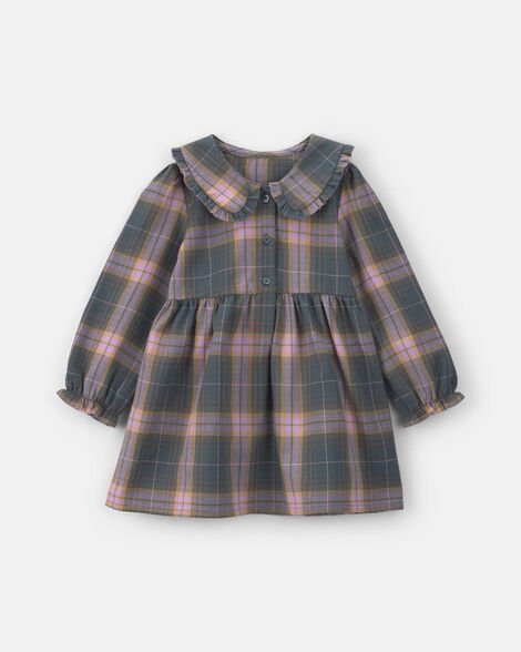 Toddler Girl Plaid Peter Pan Collar Long-Sleeve Dress - Grey/Pink