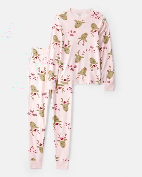 adult reindeer 100% cotton snug fit 2-piece pajamas - pink