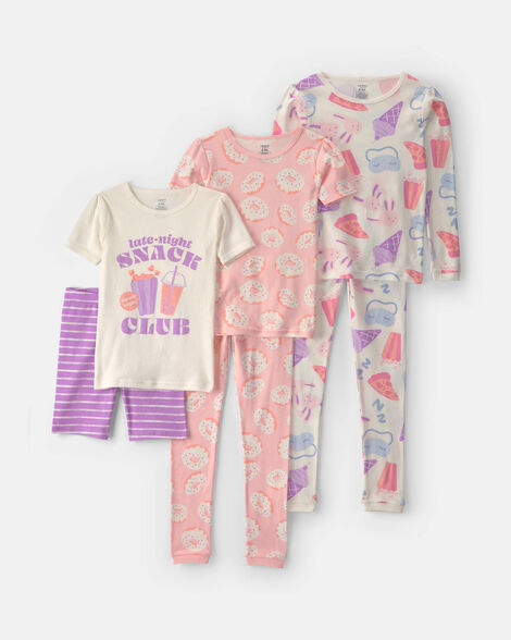 girls snacks 100% cotton 6-piece pajama sets - pink/purple/cream