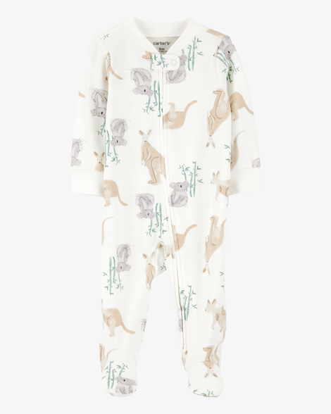 baby girl kangaroo 2-way zip cotton sleep & play pajamas - ivory
