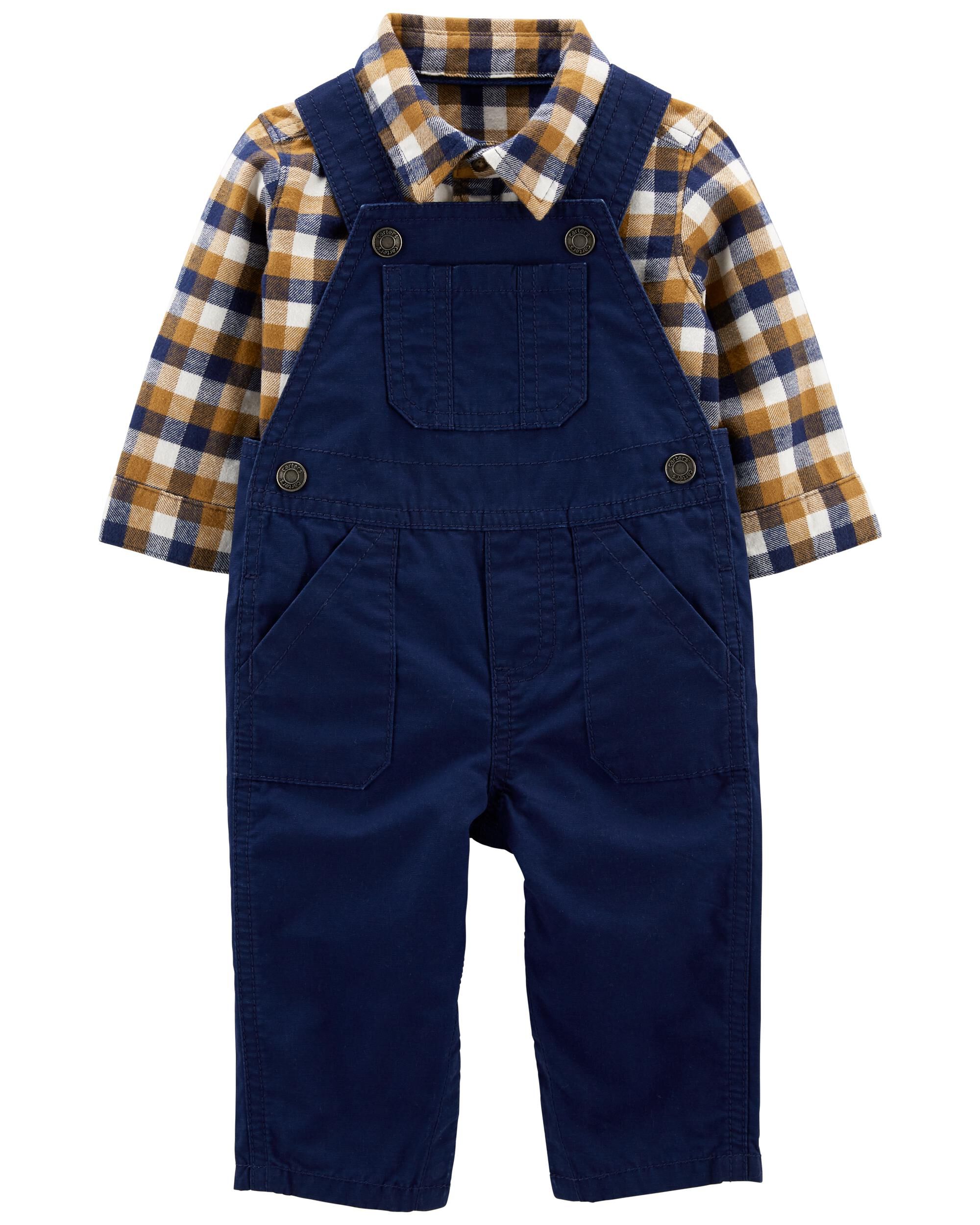 Blue 2-Piece Plaid Shirt \u0026 Overall Set 