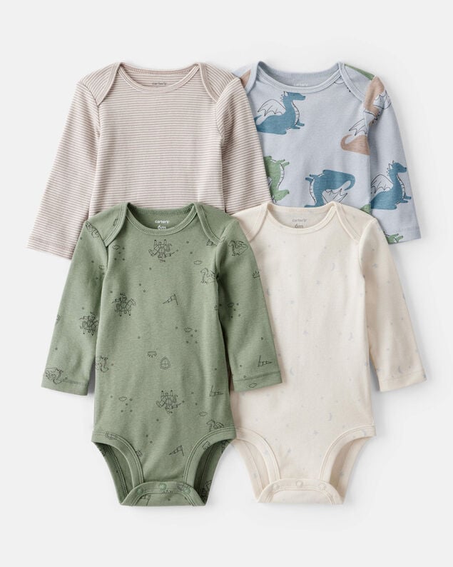 Product image 1 of Baby Boy 4-Pack Dragon Star Print Cotton Long-Sleeve Multipack Bodysuits - Blue/White/Green