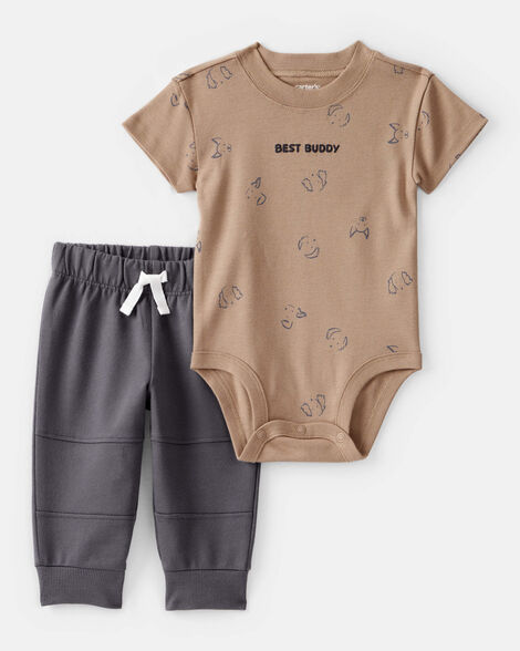 baby boy 'best buddy' bodysuit & jogger set - brown