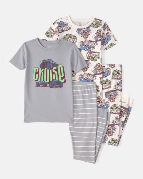 boys monster truck 100% cotton snug fit 4-piece pajama set - grey