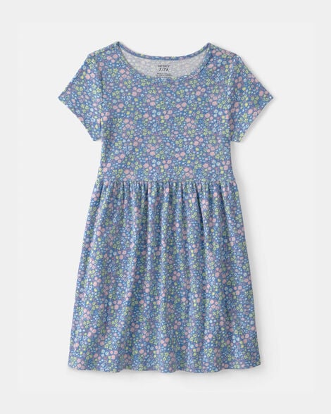 girls floral rib short-sleeve dress - blue