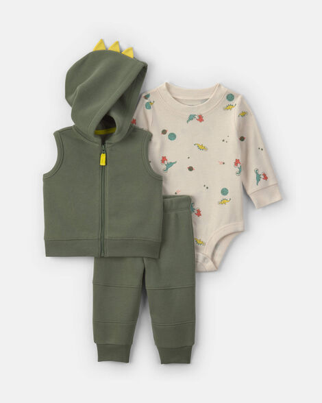 baby boy 3-piece dinosaur fleece layering set - green