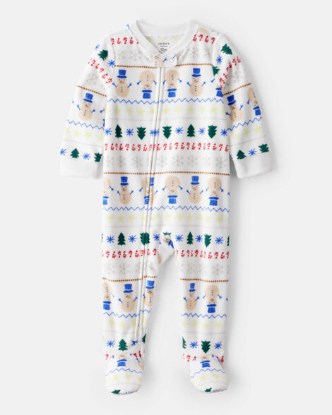 baby snowman fair isle fleece long-sleeve loose fit 1-piece pajamas - white