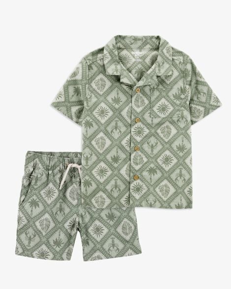 Product image 1 of Baby 2-Piece Tile Print Button-Down Shirt & Drawstring Shorts Set - Green
