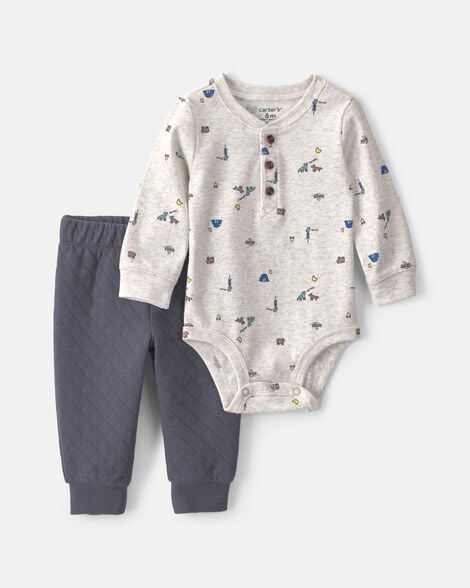 baby boy 2-piece camping long-sleeve bodysuit & pant set - grey