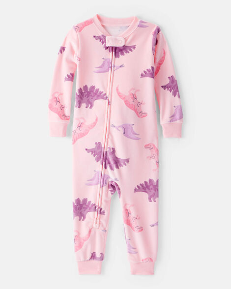 Product image 1 of Toddler Girl Dinosaur Print Snug Fit Long-Sleeve 2-Way Zip 1-Piece Pajamas - Pink