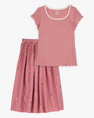 Product image 1 of Kid 2-Piece Pointelle Tee & Butterfly Maxi Skirt Set - Pink