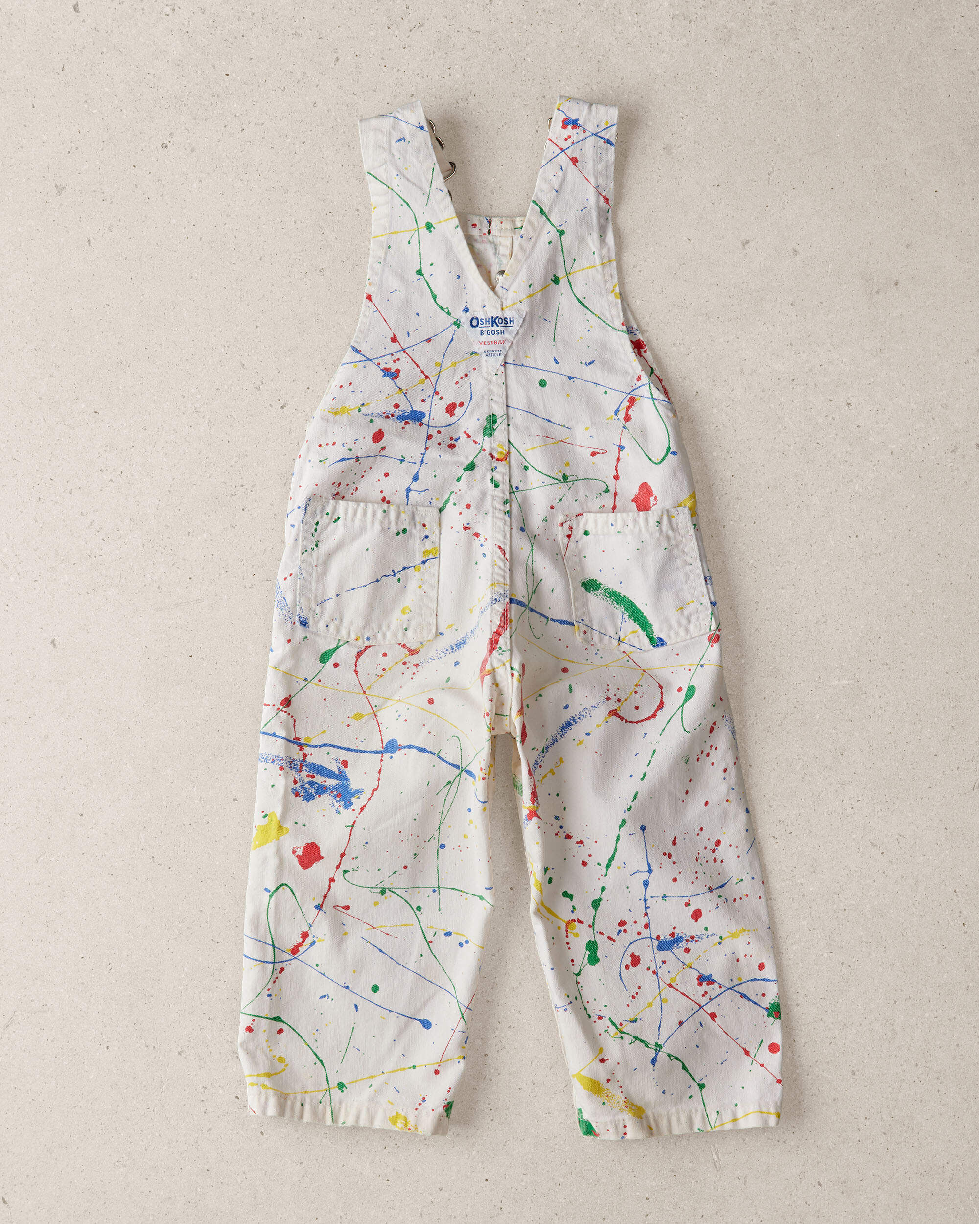 Toddler 2T Vintage Scatter Paint Print Denim Overalls from the OshKosh Archive Release, circa 1990s